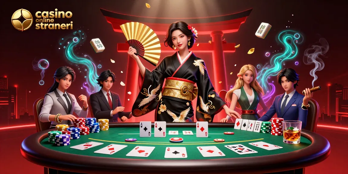 Interagisci con la vibrante scena dei casinò online stranieri che presenta un'elegante donna asiatica e elementi di gioco immersivi.