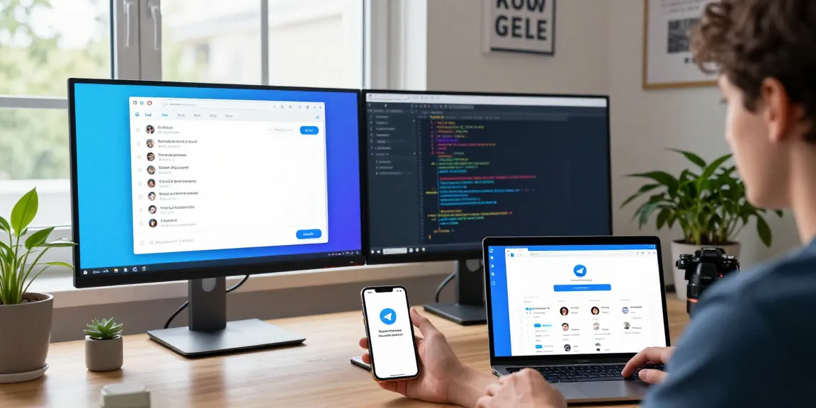 Discover the features of telegram中文版 in a modern workspace filled with tech gadgets and vibrant chat displays enhancing productivity.