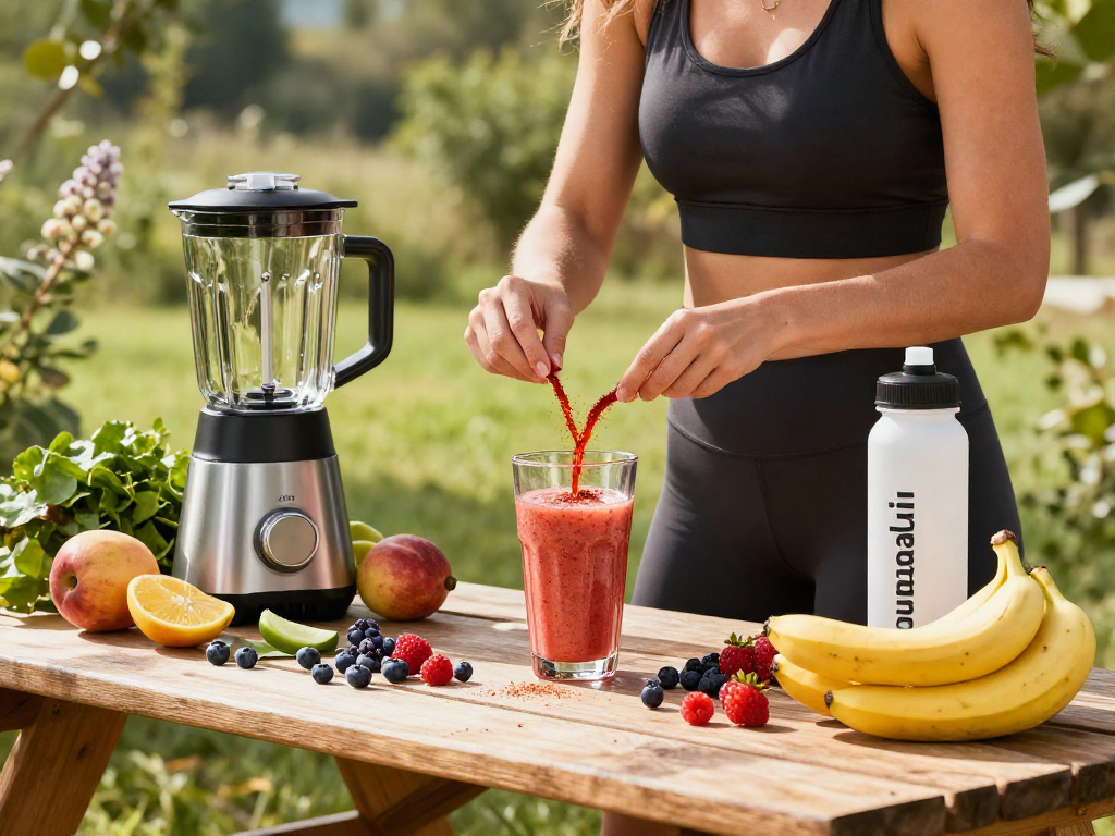 Health-conscious individual mixing a smoothie with Canadian astaxanthin powder in a vibrant outdoor setting.