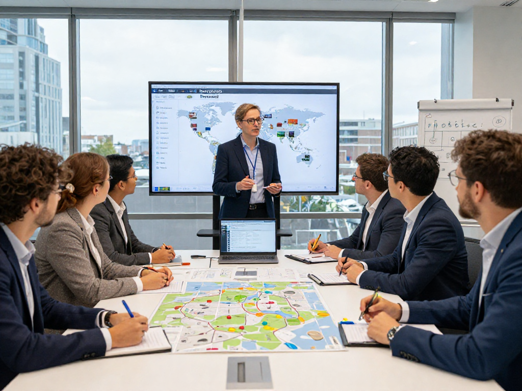 Europaweiter Transport von Dortmund - Logistikmanager diskutiert internationale Transporte in modernem Büro.