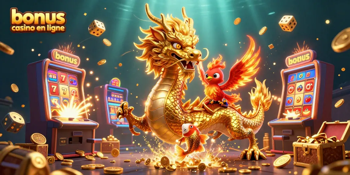 Découvrez un gameplay palpitant avec des bonus de casino en ligne présentant un dragon dynamique et un phoenix dans une illustration 3D vibrante.