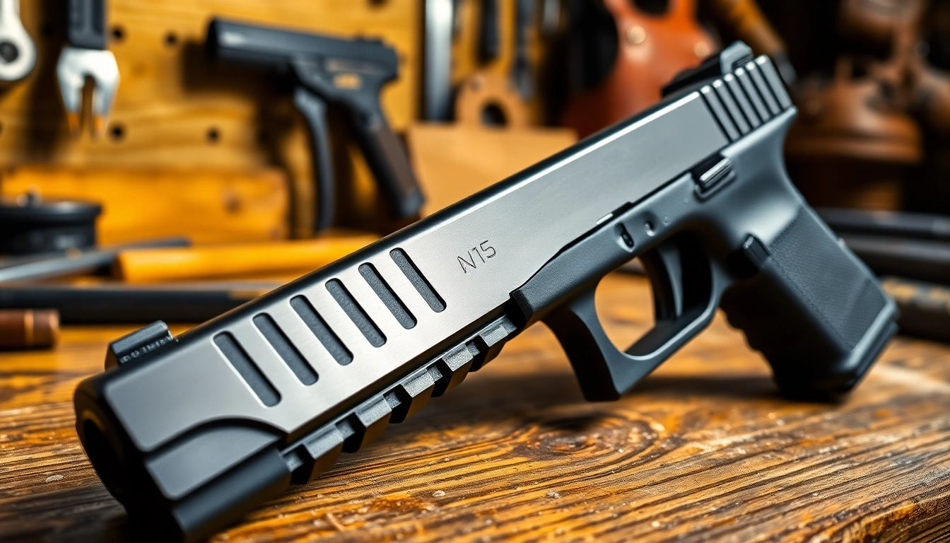 Showcase of glock 17 slides featuring precision craftsmanship and polished finish in a workshop.