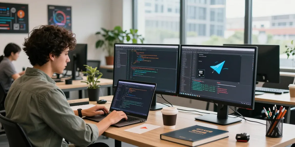 Engaged developer coding with 纸飞机中文版 at modern workspace, showcasing innovative tech environment.