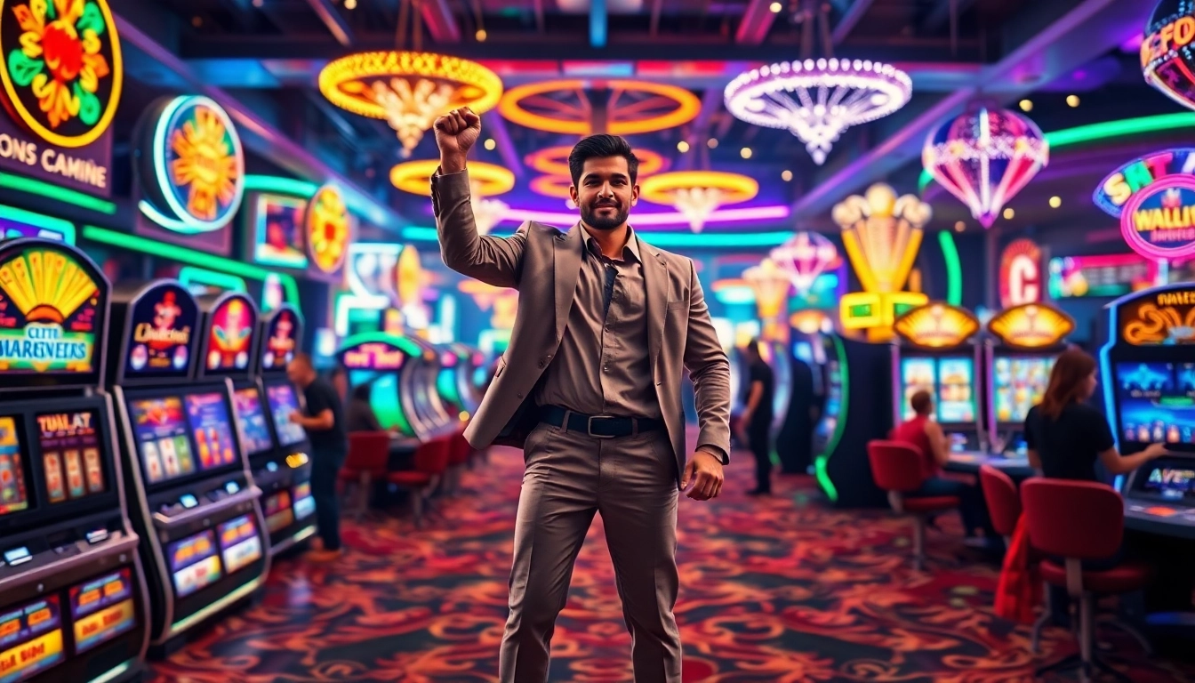 Vegas hero celebrating on a bustling casino floor with vibrant lights and excitement.