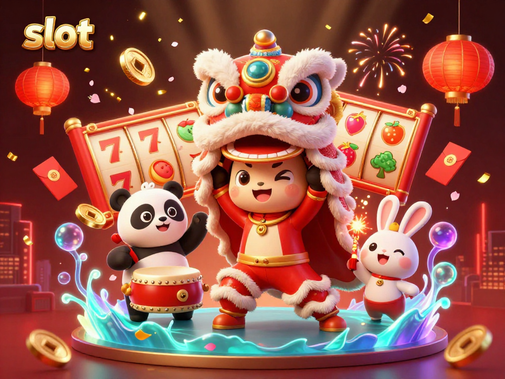Celebrate slots with a vibrant 3D illustration of a lion dance, drumming panda, and colorful game elements.