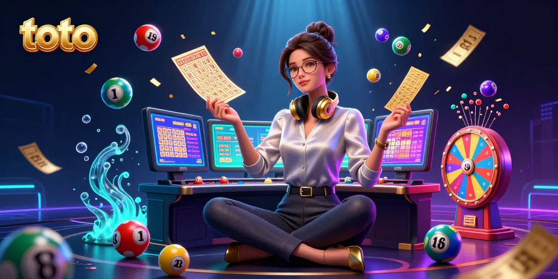 Toto lottery scene featuring an elegant Asian woman at a high-tech gaming setup with colorful game elements.