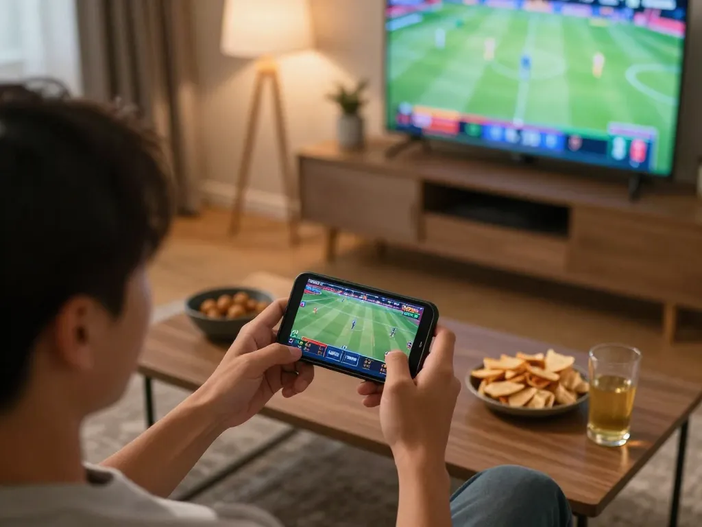 Person engaging with live betting on 92slot in a cozy setting with snacks, enhancing the gaming atmosphere.