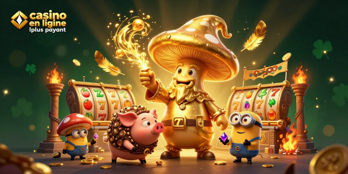 Illustration dynamique représentant "casino en ligne le plus payant" avec un sorcier, un cochon et des gemmes.