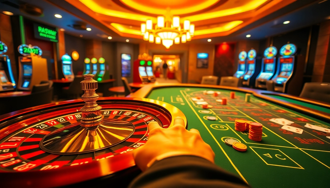 Experience the thrill of layarkaca21 with vibrant casino elements like poker chips and roulette wheels.