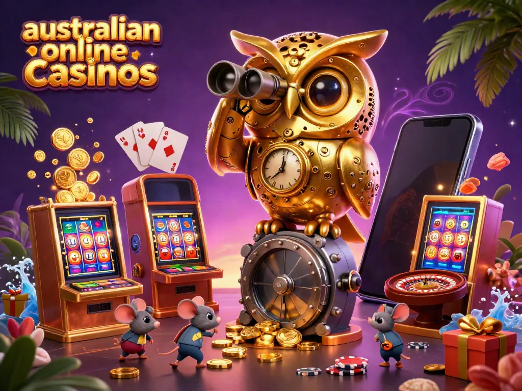 Engage with the vibrant scene of australian online casinos, showcasing an animated owl overseeing gold and colorful game elements.