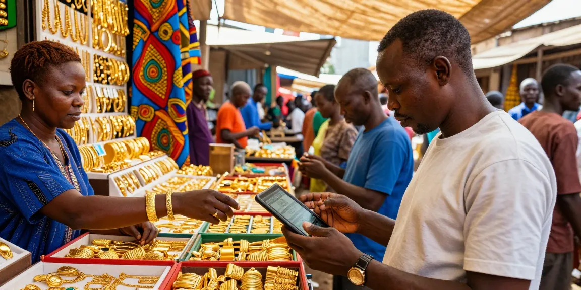 Gold price in Kenya today reflected in vibrant market scene with gold trader and jewelry.