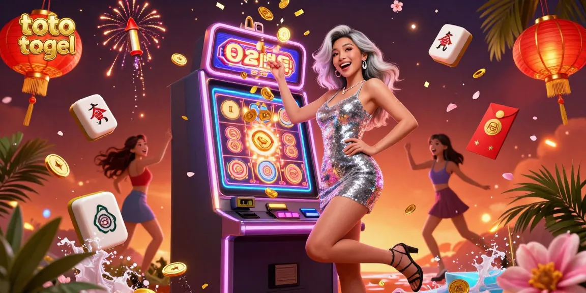 Ikuti permainan toto togel yang mendebarkan bersama wanita Asia yang merayakan kemenangan jackpot di mesin slot.