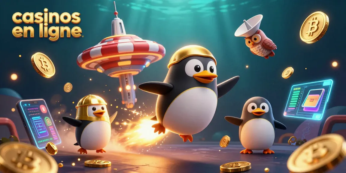 Jeux de casinos en ligne captivants avec un pingouin doré propulsé par une fusée et des pièces scintillantes.