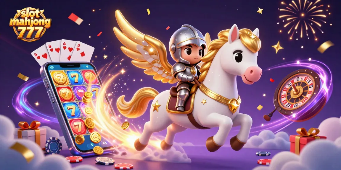 Spin to win with slot mahjong 777 as colorful reels and golden coins erupt around the celestial horse and knight.