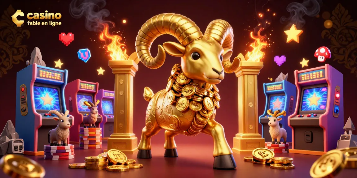 Illustration d'un casino fiable en ligne mettant en scène un bélier doré et des éléments de jeu variés.