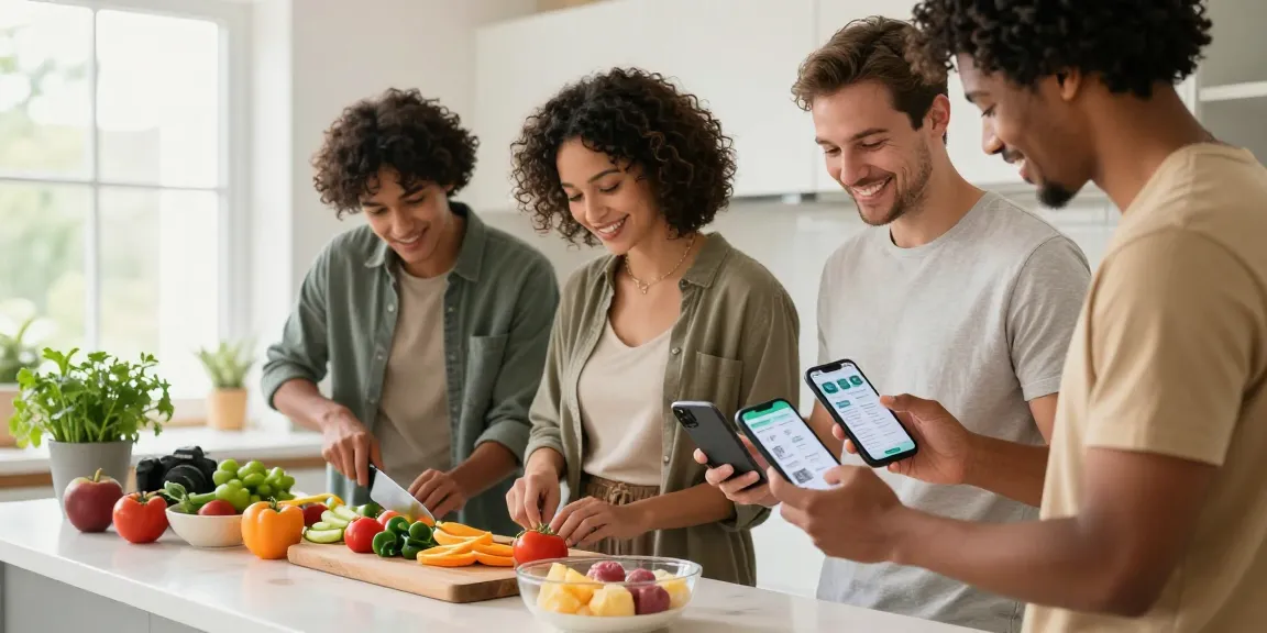 Friends using the best calorie tracker app while cooking healthy meals together in a bright kitchen