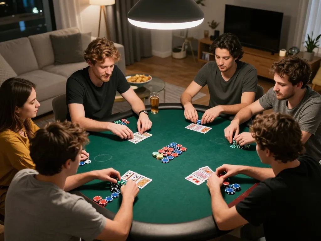 Friends enjoying a poker night with apk gacor strategy discussions and colorful chips.