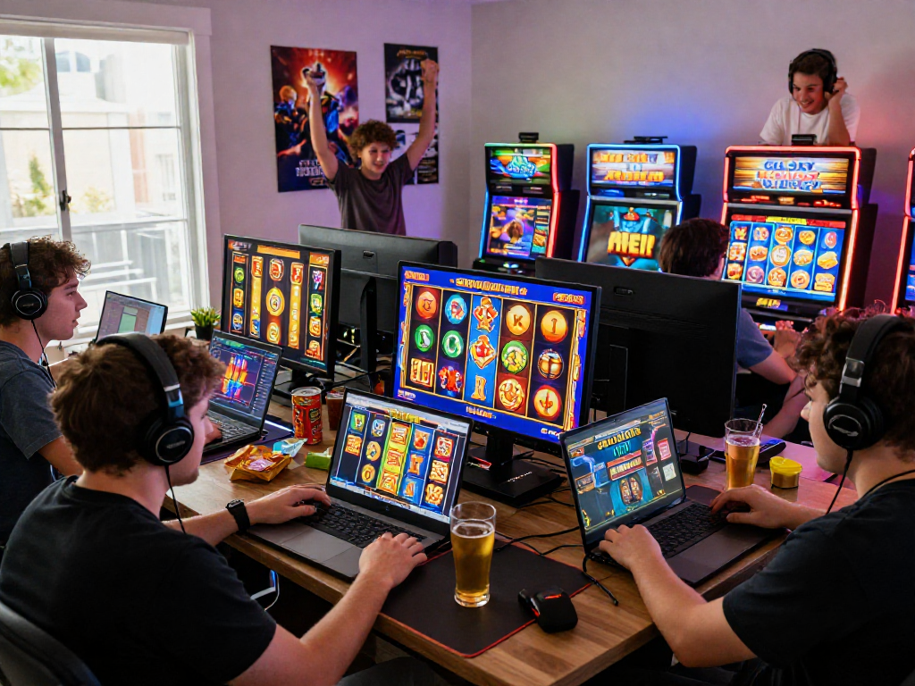 Experience thrilling online gameplay as you find bonus buy slots at crownnorthill.co.uk, featuring players engaged with exciting virtual slot machines.