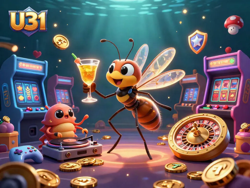 Engage with U31's vibrant casino scene featuring a frozen mosquito mascot, trilobite DJ, and golden roulette wheel.