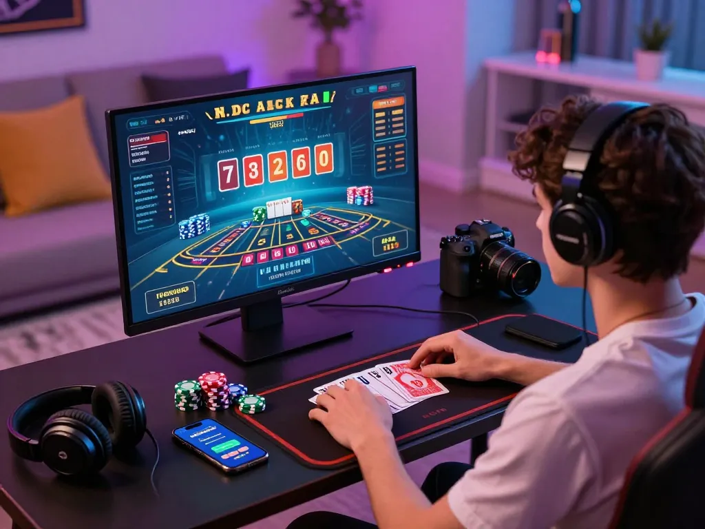 Engaging online baccarat experience with player focused on screen, showcasing a modern gaming setup. 바카라사이트 elements highlighted.