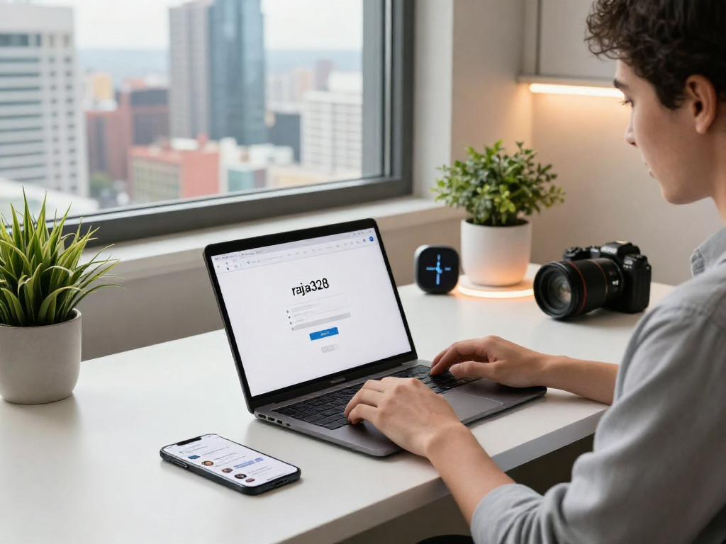 Raja328 login on a laptop in a stylish remote workspace with tech gadgets.