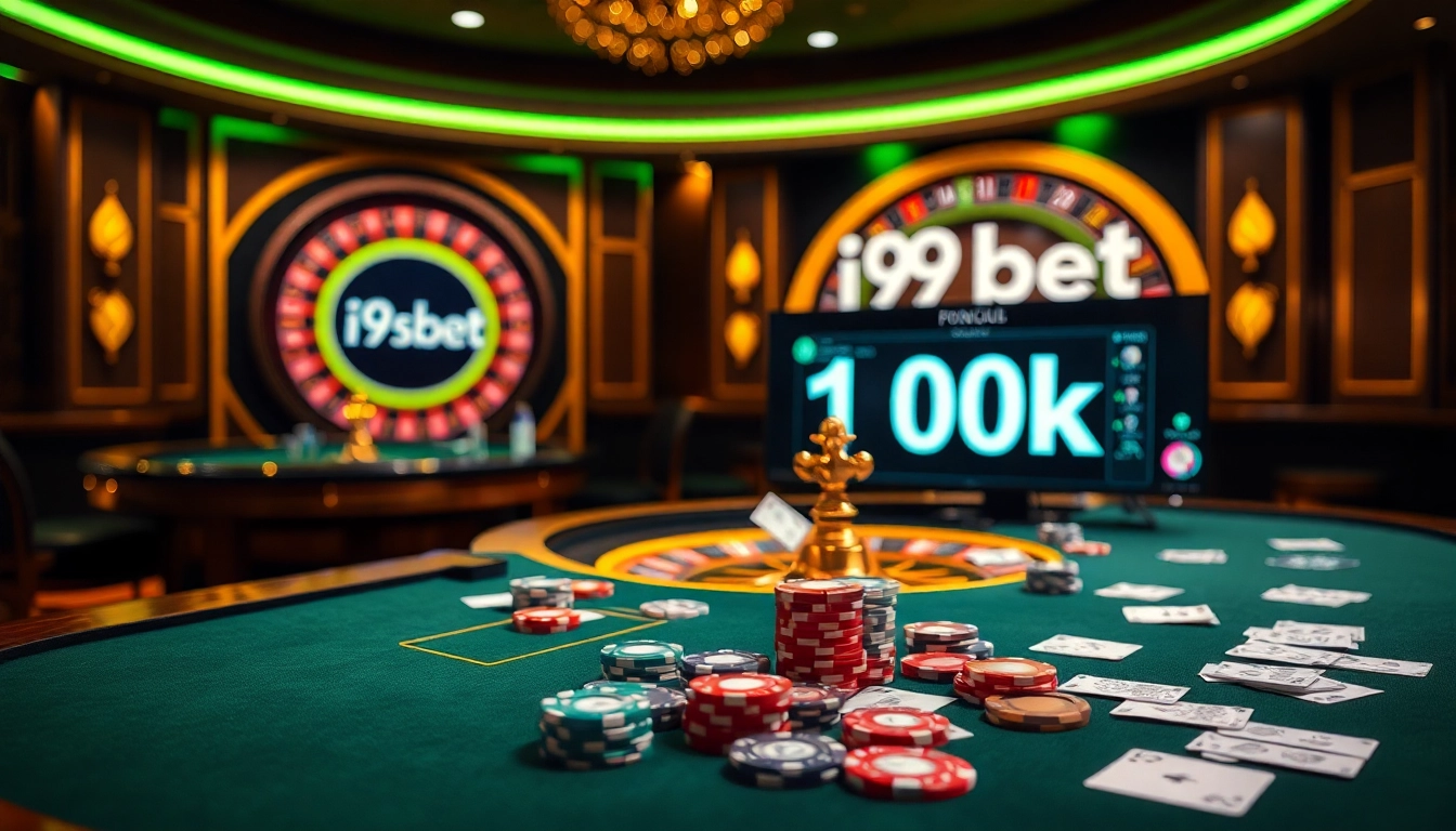 Play exciting games at i9bet 100k with vibrant casino visuals, showcasing poker chips and roulette.