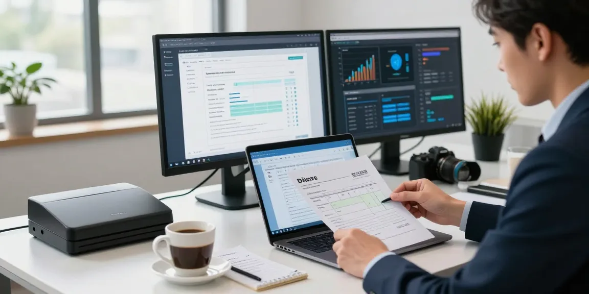 Reviewing documents to detect fake invoices in a modern office setting.