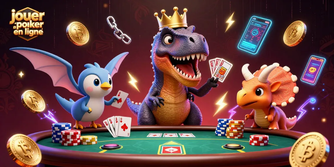 Jouer au poker en ligne avec un T-Rex et des cartes, une ambiance dynamique de casino.