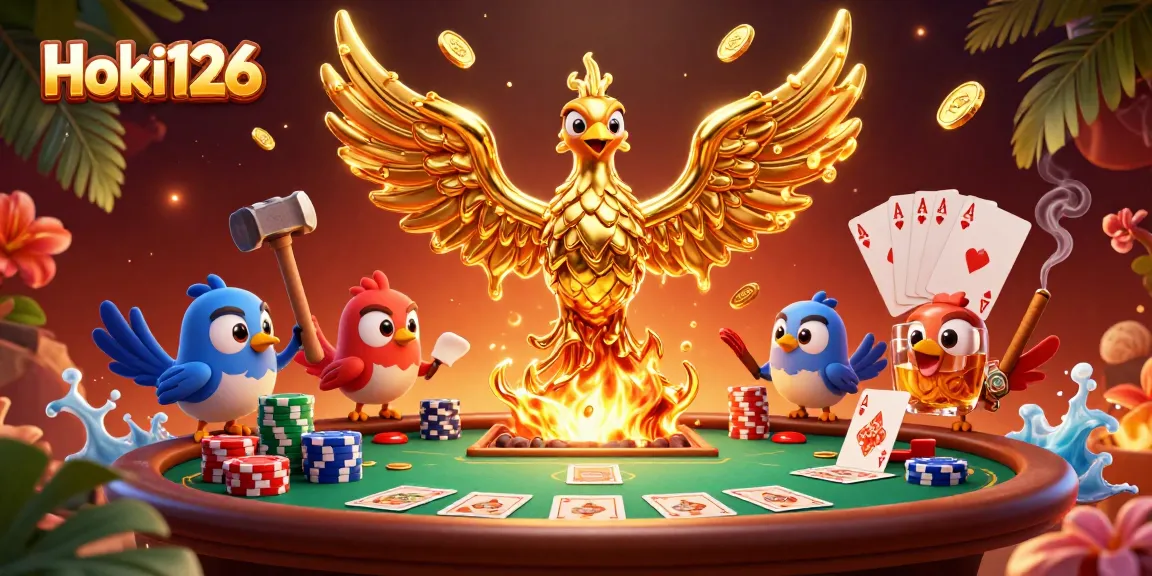 Win big with Hoki126 at this vibrant casino scene, showcasing a golden phoenix and poker elements.