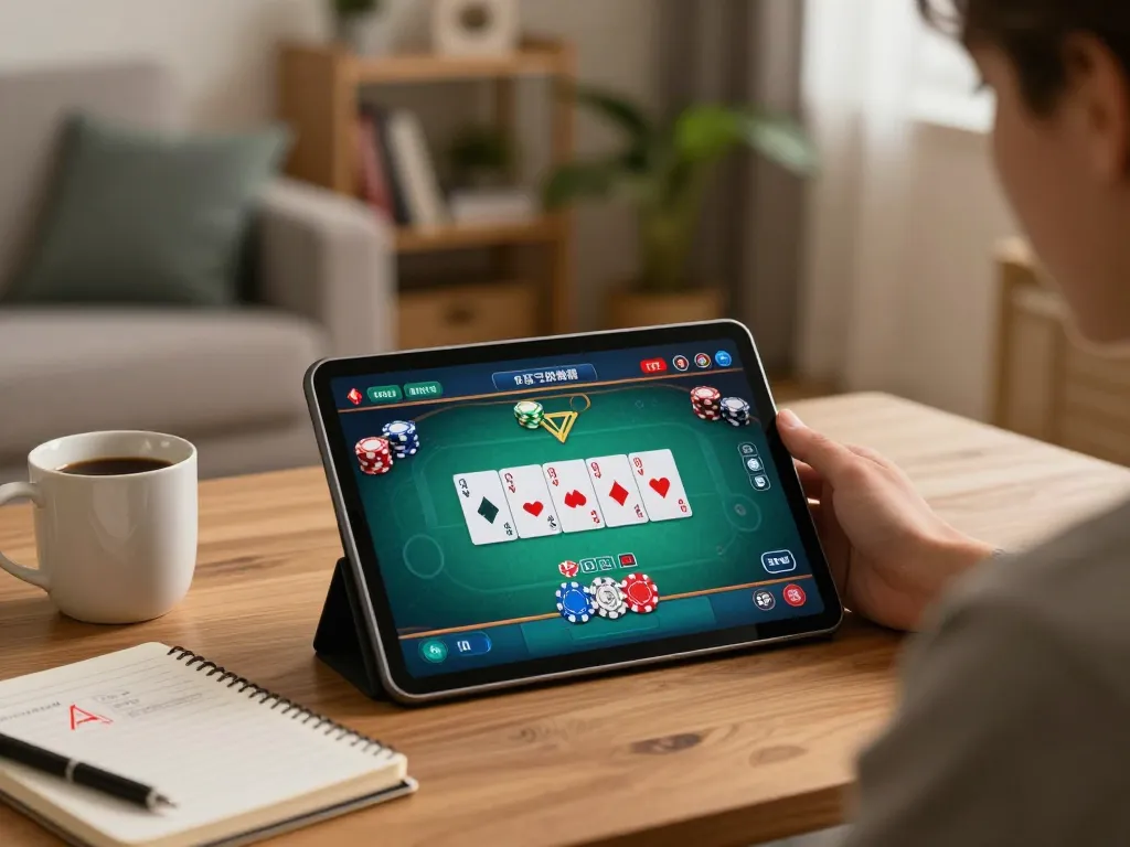 Engaging poker gameplay on paris888 in a cozy home setting with strategic notes and warm lighting.