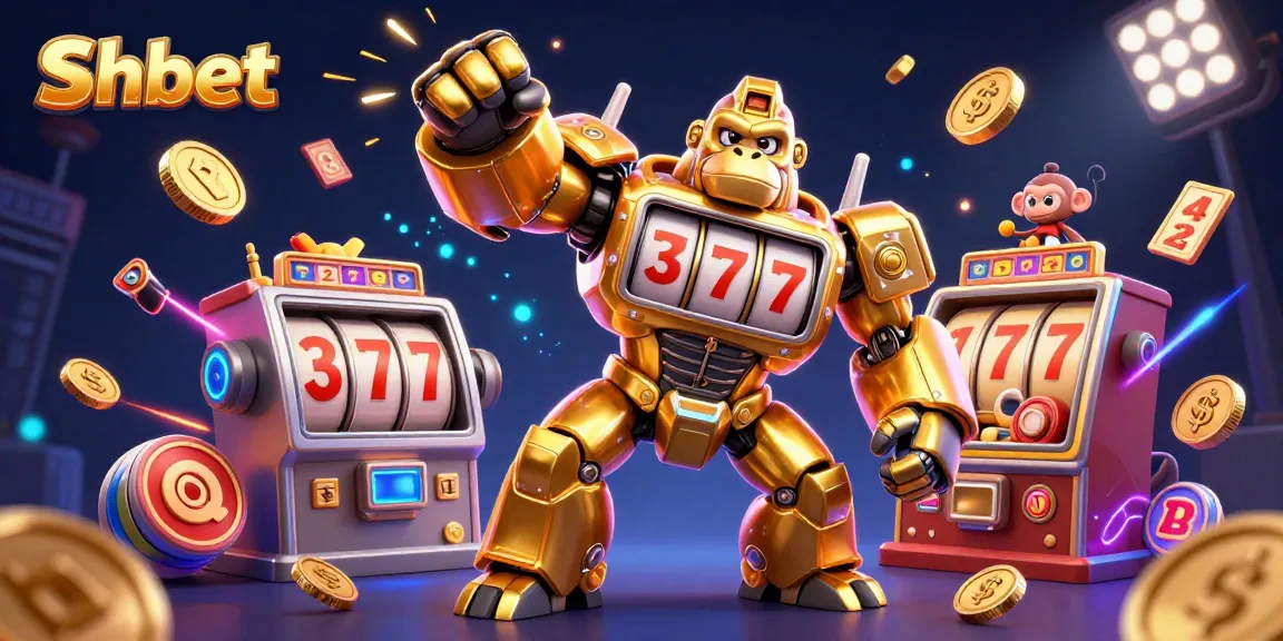 Engage users with Shbet's vibrant, dynamic illustration showcasing gold gorilla mech celebrating jackpot wins.