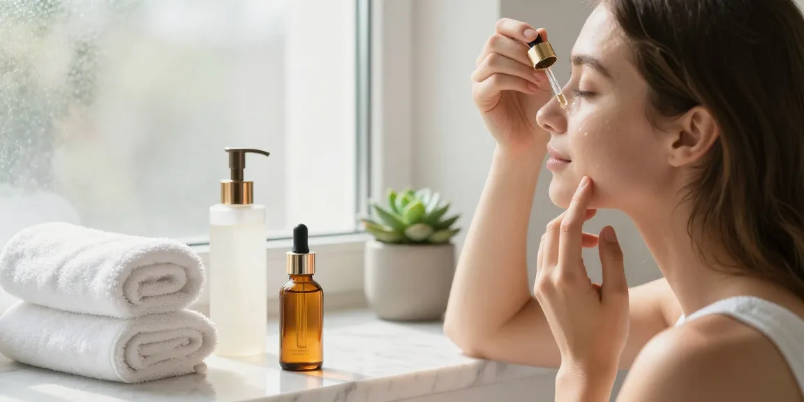 Aplicând ser facial într-un spațiu luminos de baie, evidențiind o rutină de îngrijire a pielii luxoasă.
