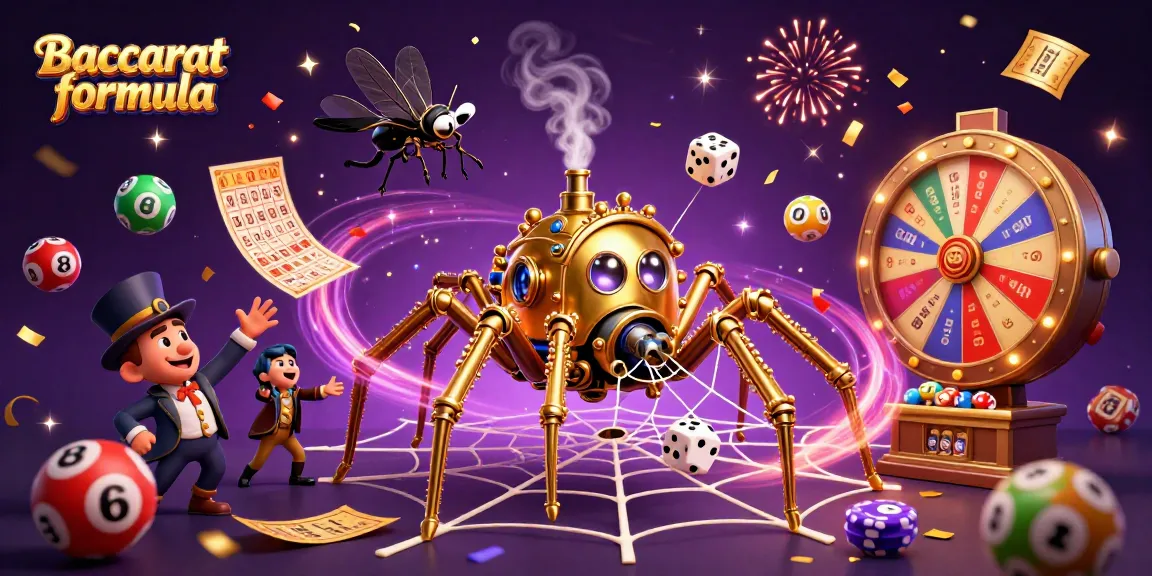Experience Baccarat formula with a dynamic scene of a steampunk spider and lottery elements in action.