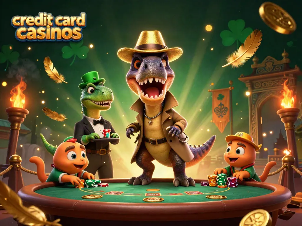 Experience thrilling action at credit card casinos with playful dinosaur characters at a blackjack table.
