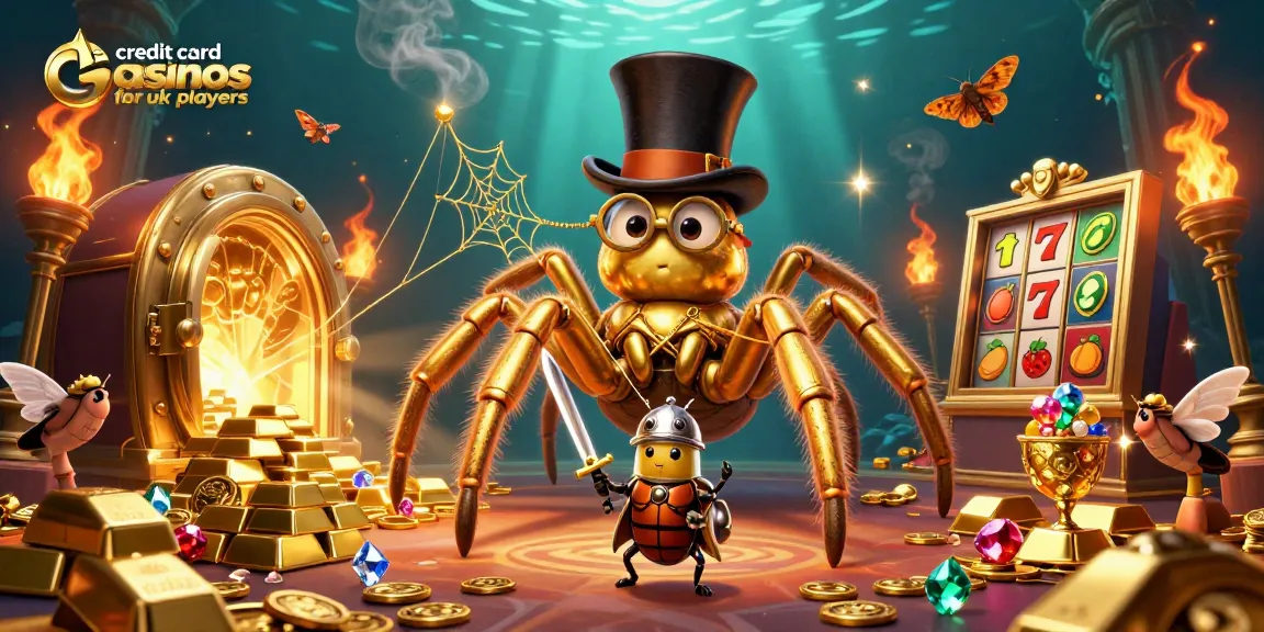 Join exciting gameplay at credit card casinos for UK players with dynamic golden illustrations and engaging characters.