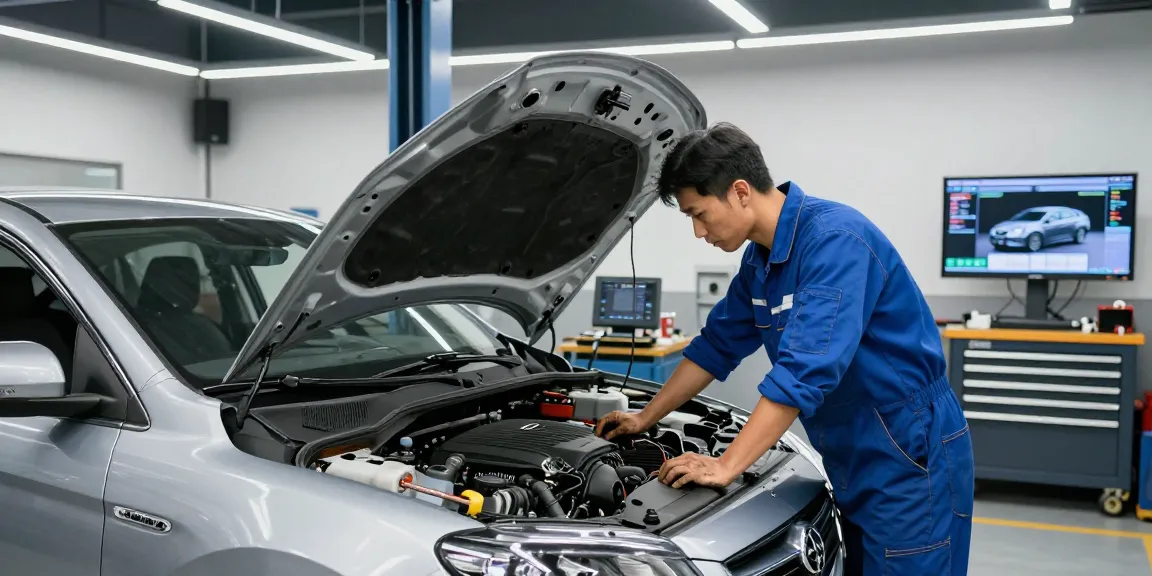Professional car mechanic inspecting a vehicle's engine in a modern garage with tools and diagnostic equipment.