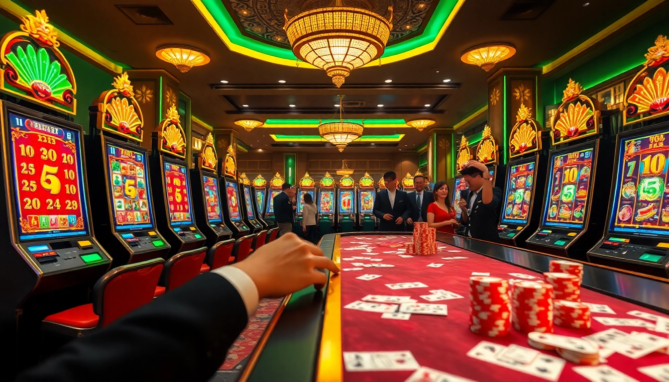 Players engaging with nổ hũ slot machines in an upscale casino atmosphere, celebrating wins.