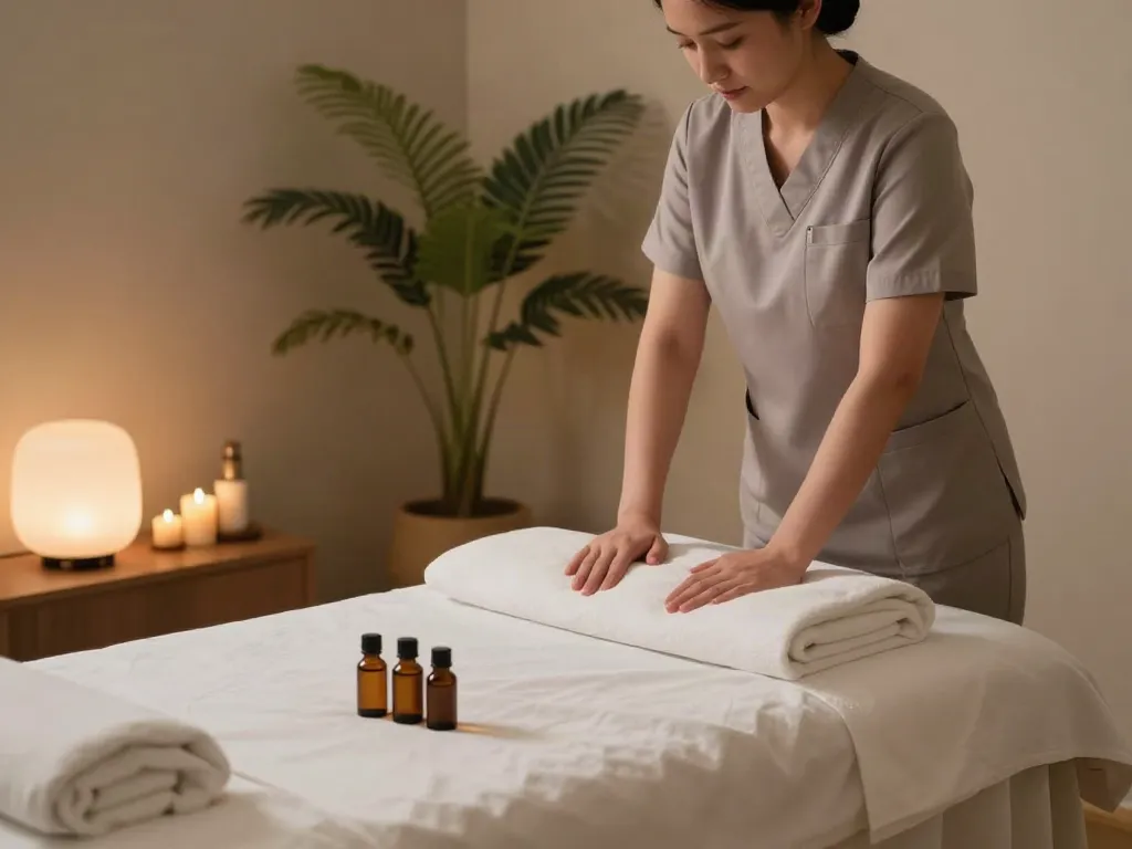 Relaxing massage room setting for 강북출장마사지 with soothing elements and professional therapist.