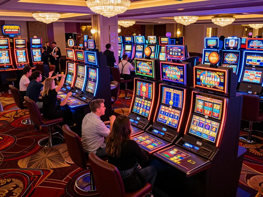 Pemain yang berinteraksi dengan mesin slot berwarna-warni di kasino Paris888, menampilkan permainan yang mendebarkan.