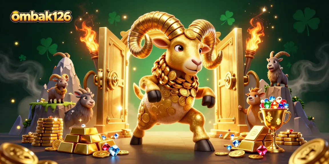 Engage with the exhilarating ombak126 experience featuring a golden ram charging amidst a treasure-filled casino