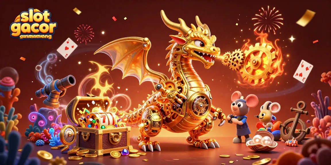 Engage with slot gacor gampang menang featuring a golden dragon and treasure elements in a captivating 3D illustration.