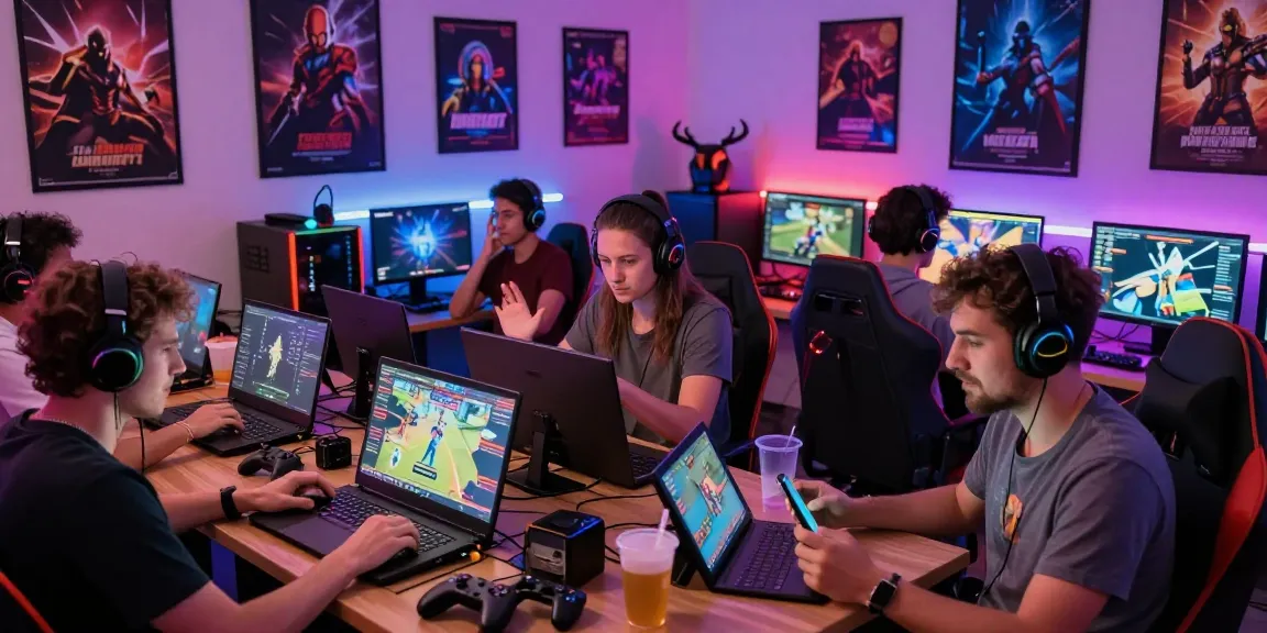 People enjoying free porn games on multiple devices in a vibrant gaming room with neon lights.