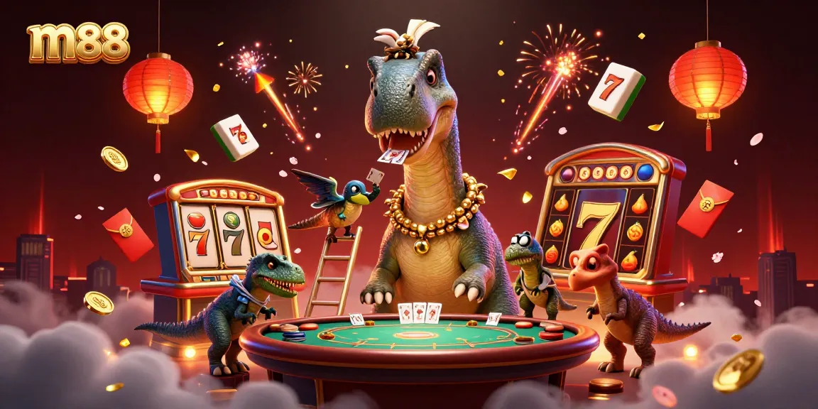 Bet on vibrant m88 slots with a captivating brontosaurus and clever raptor in a lively casino scene.