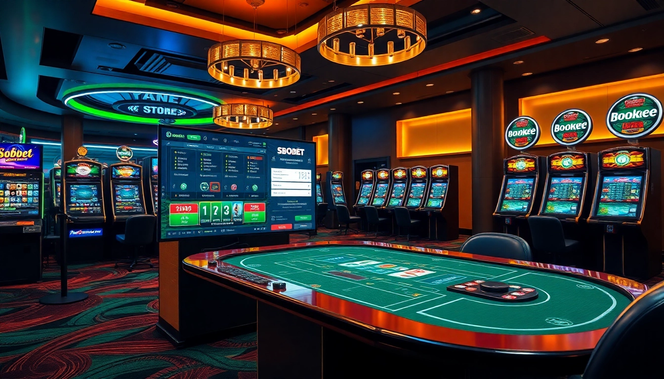 Experience sbobet login with luxurious casino tables and vibrant slot machines in a modern online gambling atmosphere.