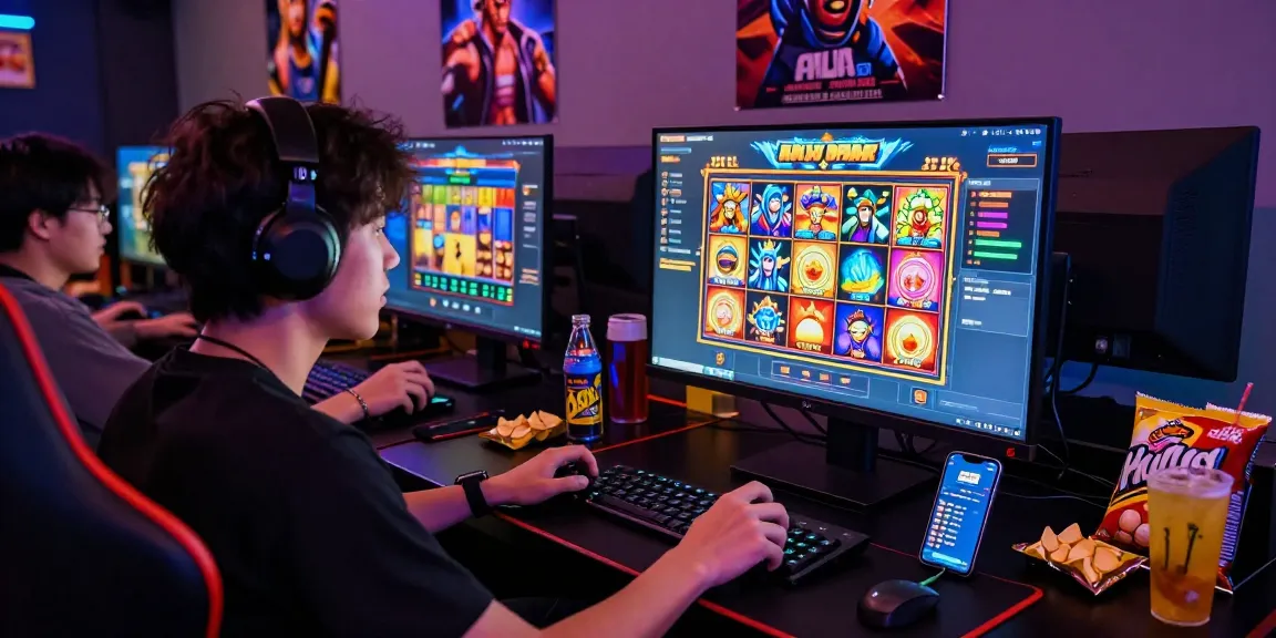 Exciting gaming environment featuring a player engaged with situs slot games, vibrant screen graphics and gaming accessories creating a dynamic atmosphere.