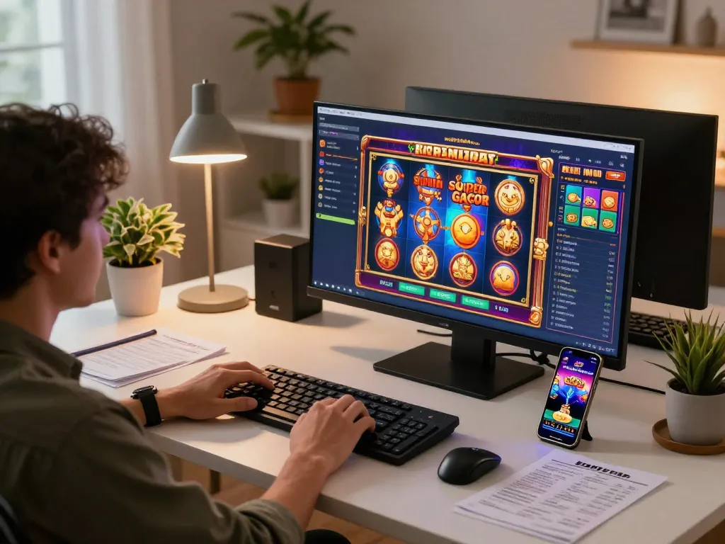 Engaged player exploring slot kamboja super gacor in an inviting online gaming setup, with multiple screens and strategy notes.