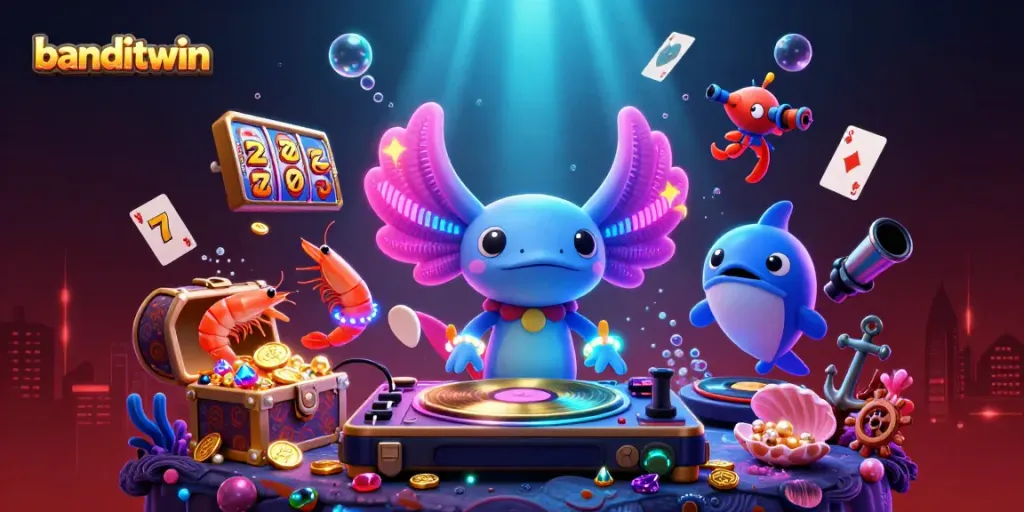 Banditwin menampilkan DJ axolotl neon yang berputar dengan slot dan harta karun bawah laut.