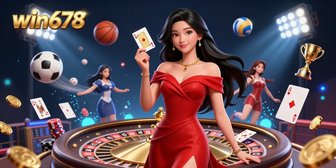 Experience win678's thrilling casino atmosphere with a stunning woman, roulette, and dynamic game elements.