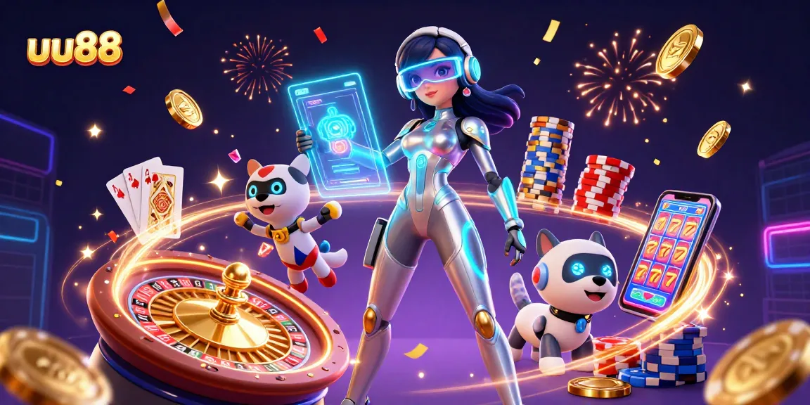 Win big at uu88 with a stunning digital casino scene featuring a futuristic woman, robot dog, and exciting games!