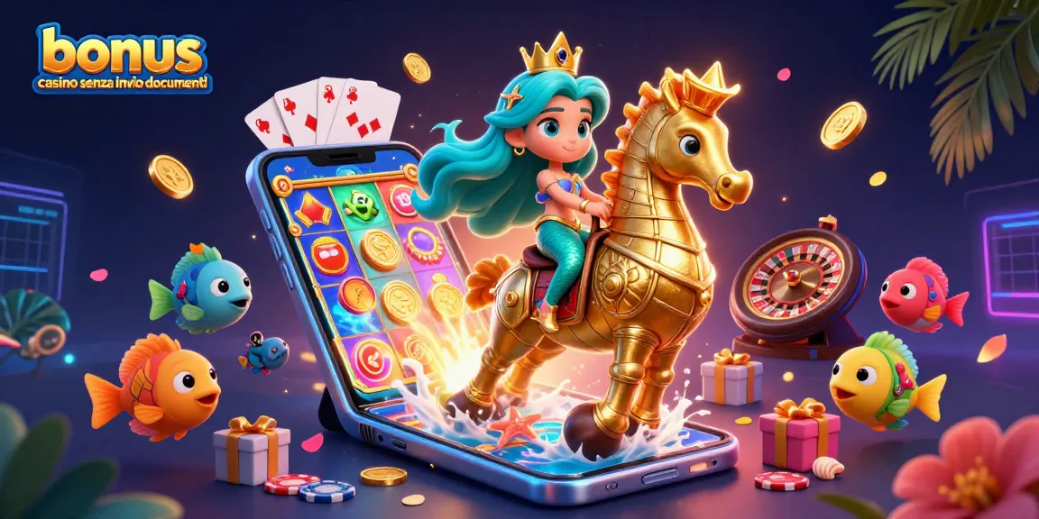 Goditi un gameplay emozionante in una scena vivace che presenta una principessa sirena e il suo cavalluccio marino mentre esplori le opzioni dei bonus casino senza invio documenti.